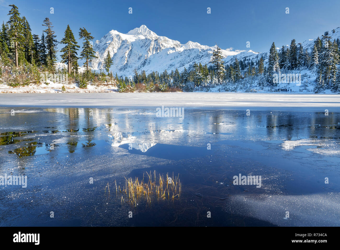 Mount Shuksan is a prominent mountain in the Pacific Northwest in the Mount Baker Wilderness Stock Photo