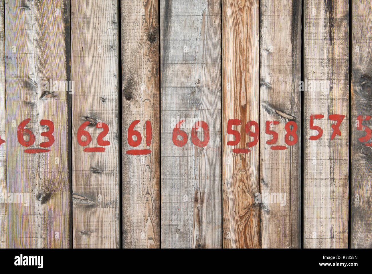 Front wall from wooden planks with numbers written with red paint Stock Photo