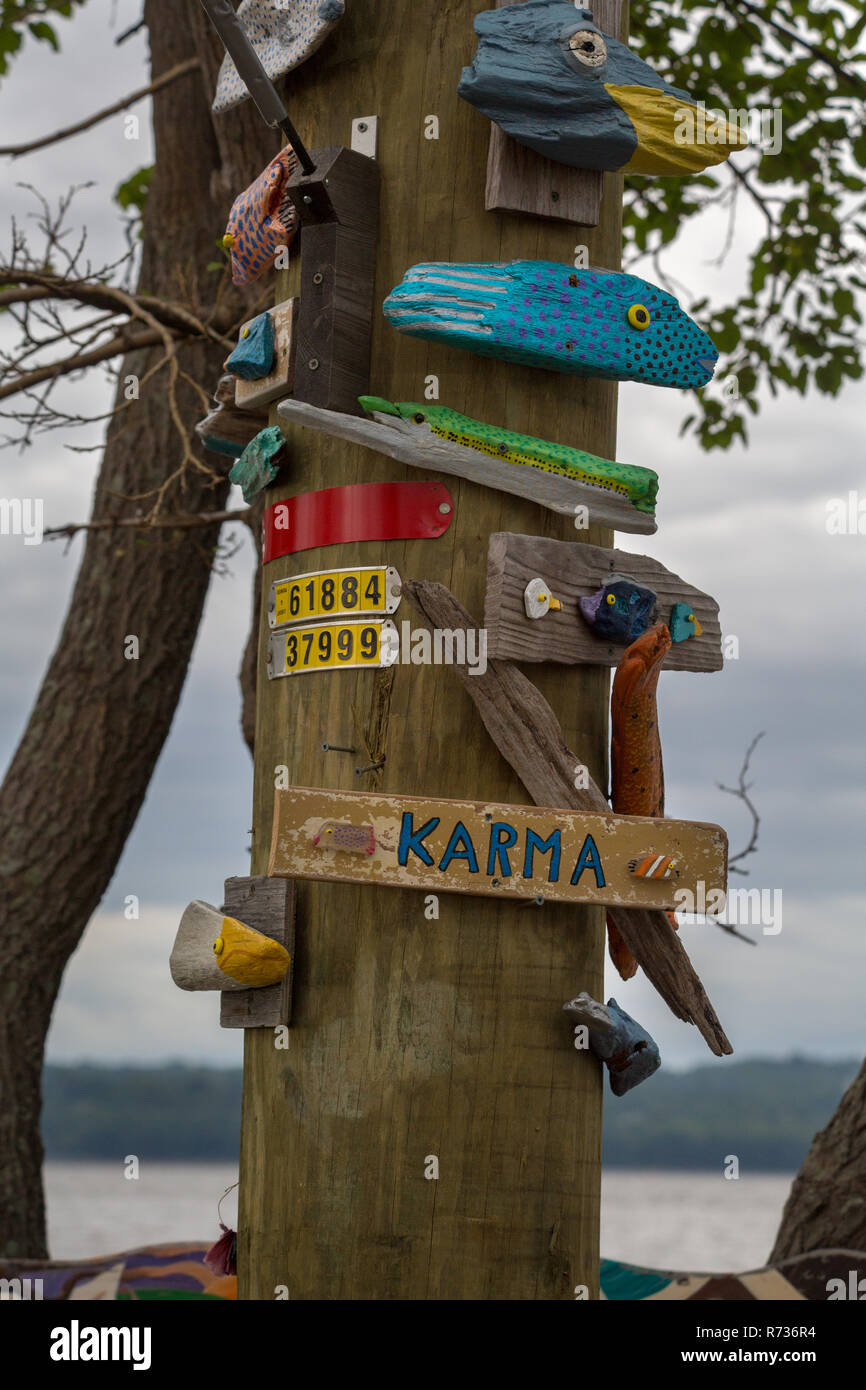 Signs and quirky fishing decorations adorning a powerline pole