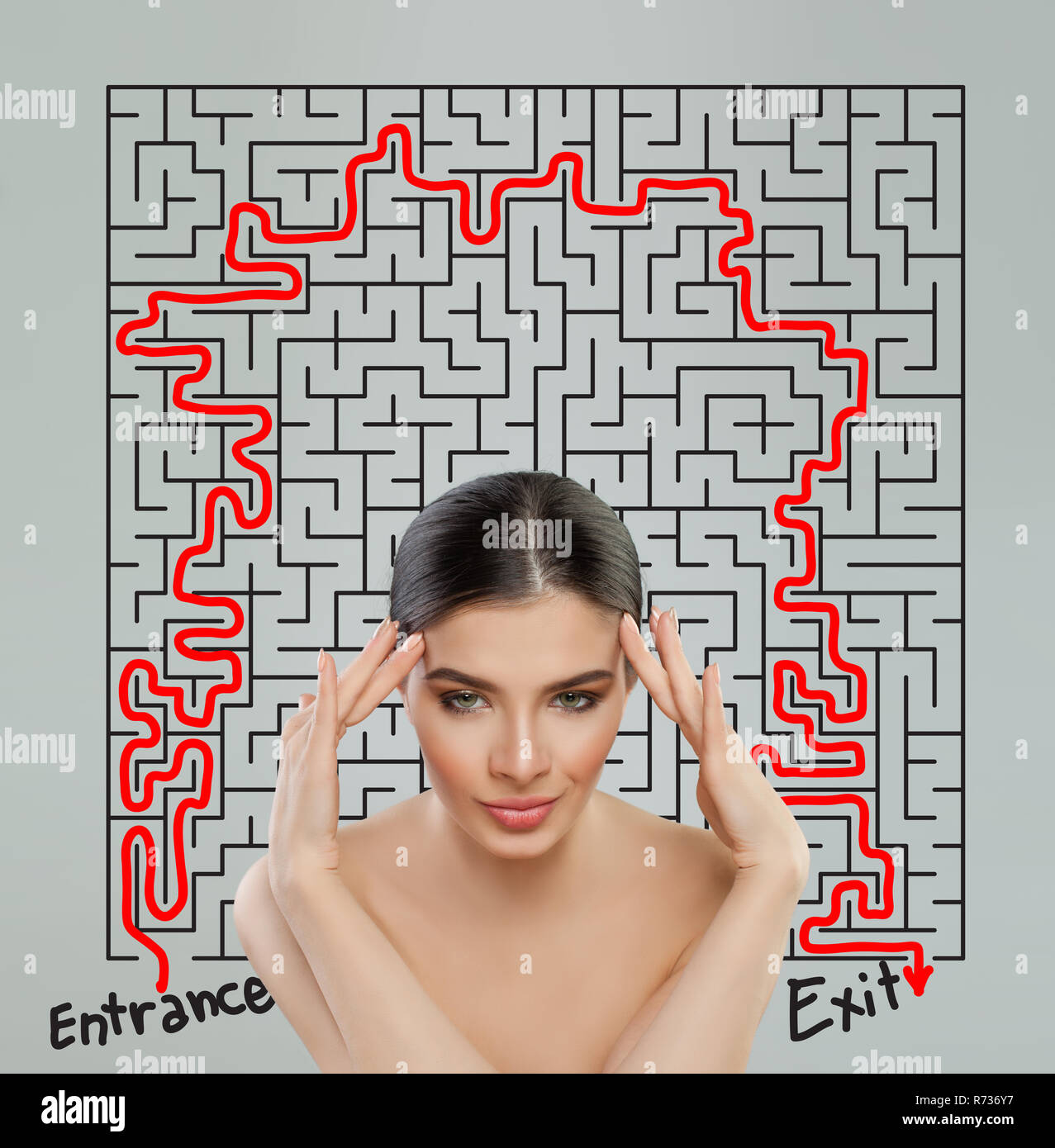 Woman with labyrinth. Intricacy and brainstorm concept Stock Photo