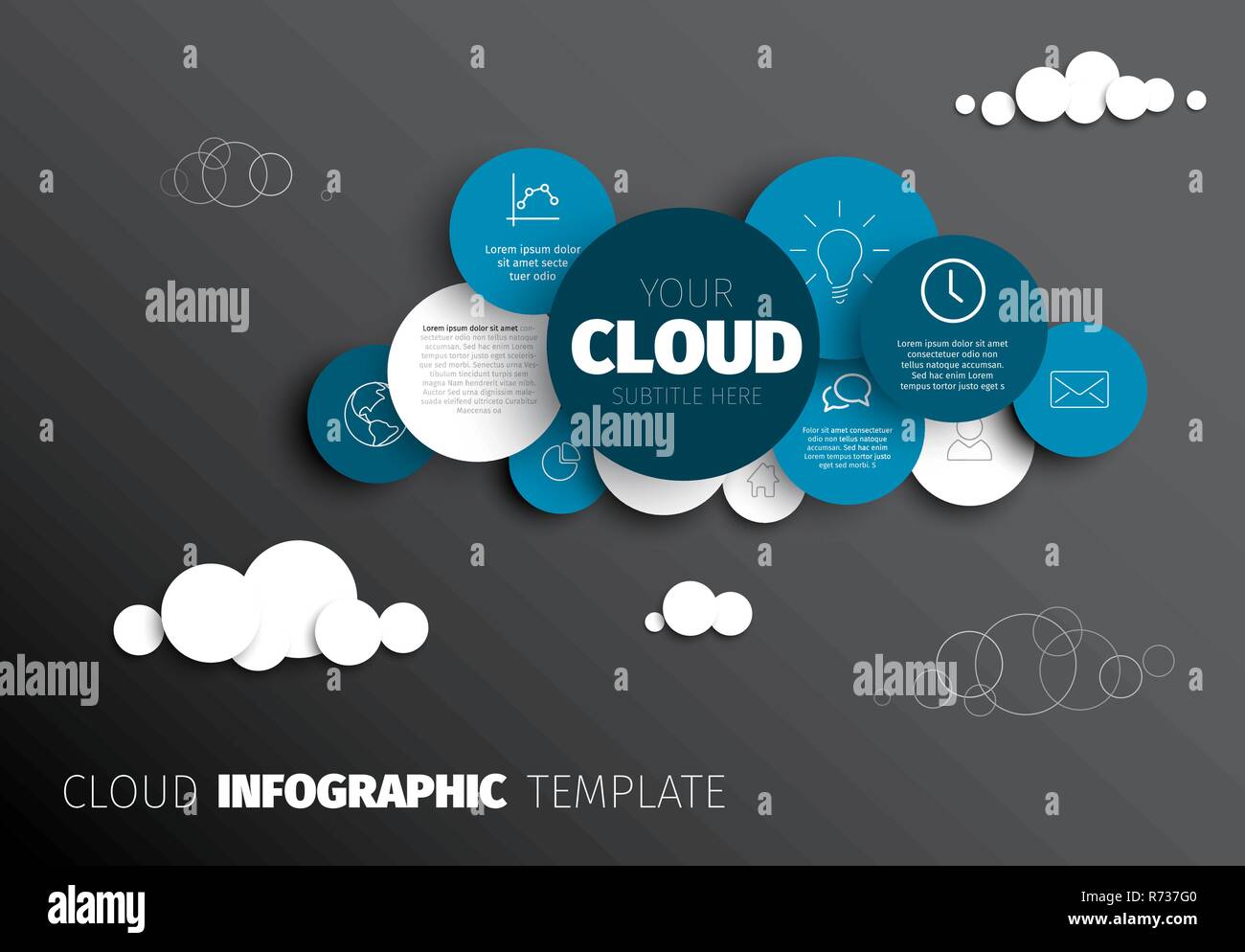 Vector Infographic report template made from circles and icons cloud shape - dark version Stock Vector
