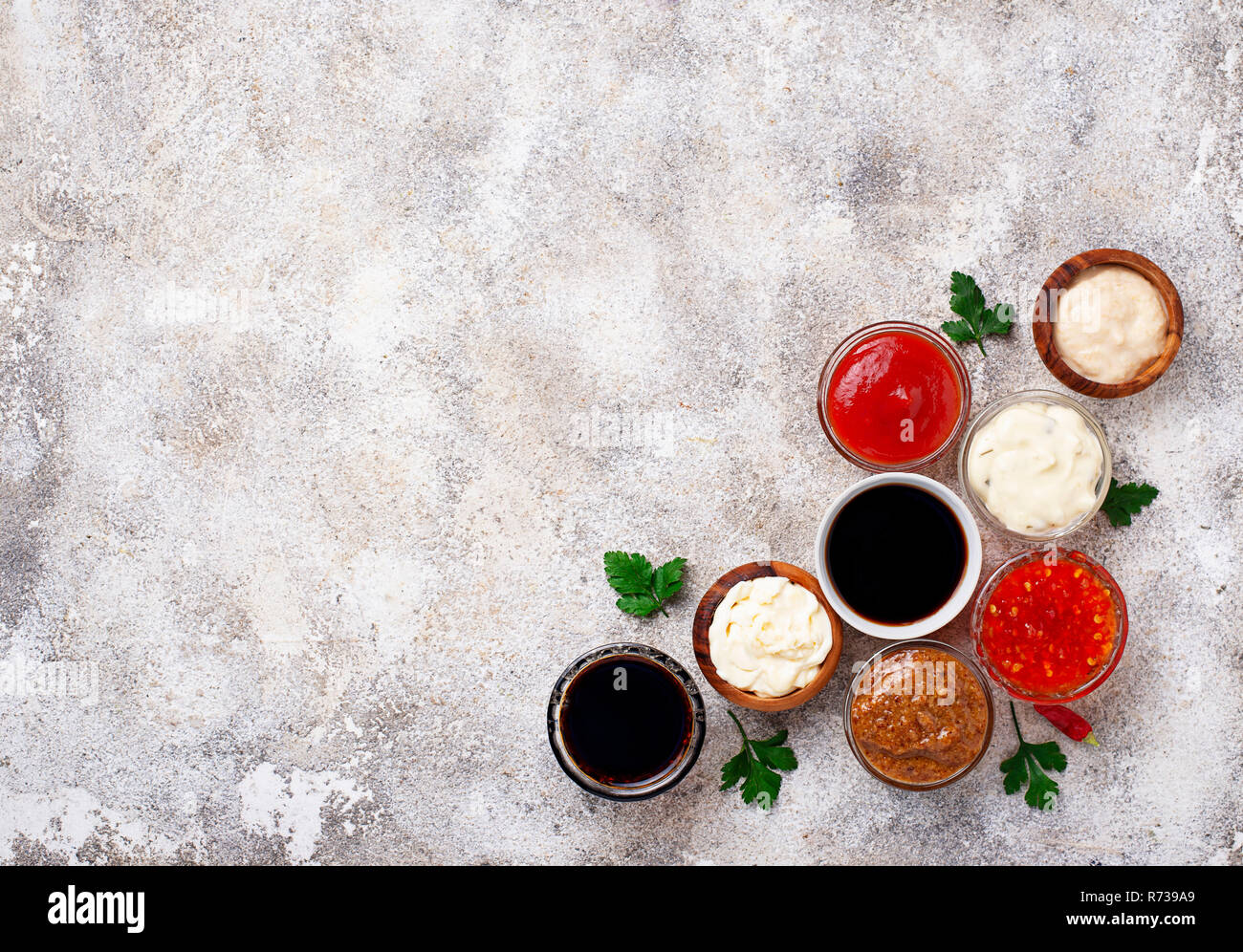 Ketchup, mayonnaise, mustard, horseradish, soy sauce and tartar Stock