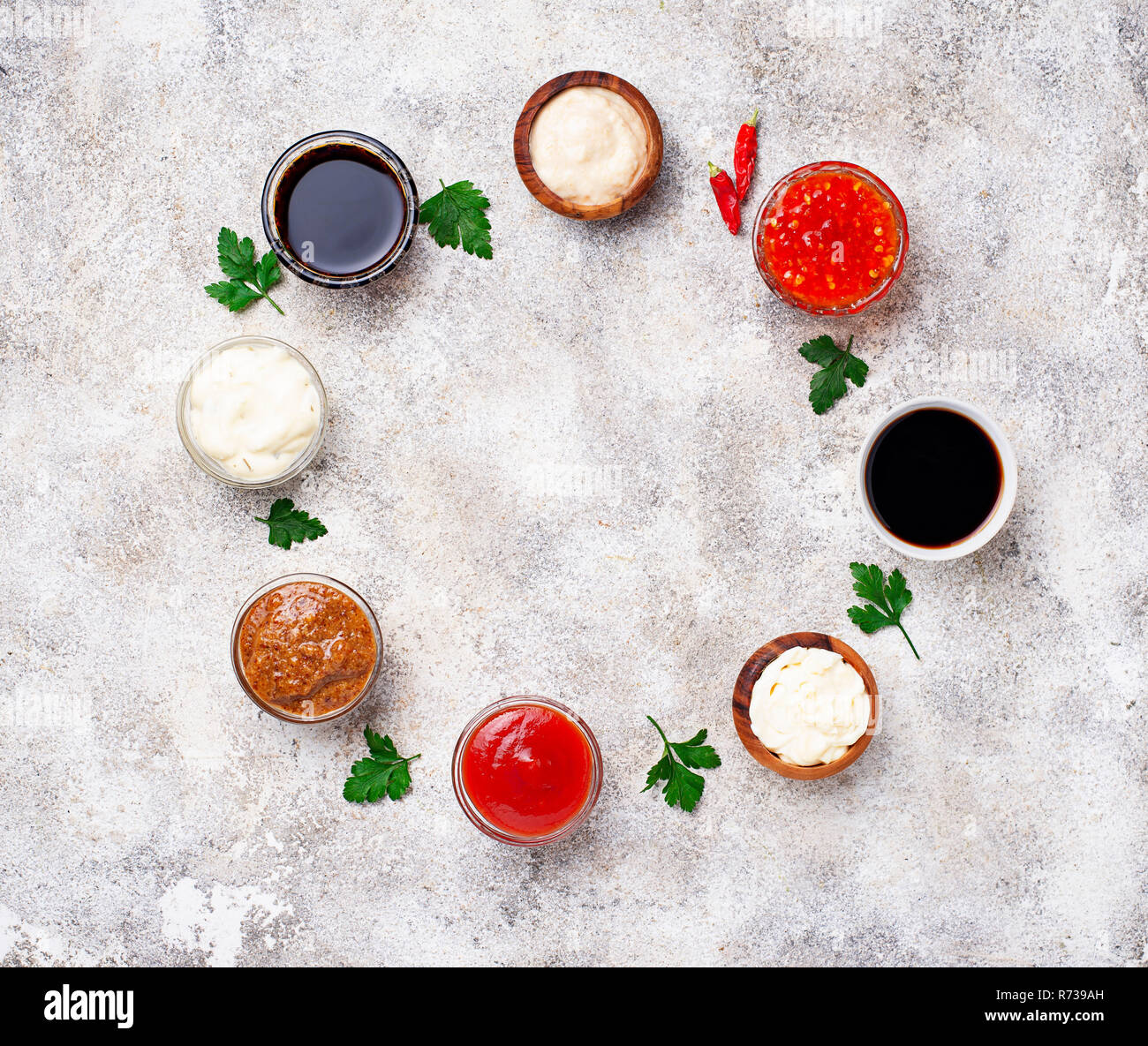 Ketchup, mayonnaise, mustard, horseradish, soy sauce and tartar Stock