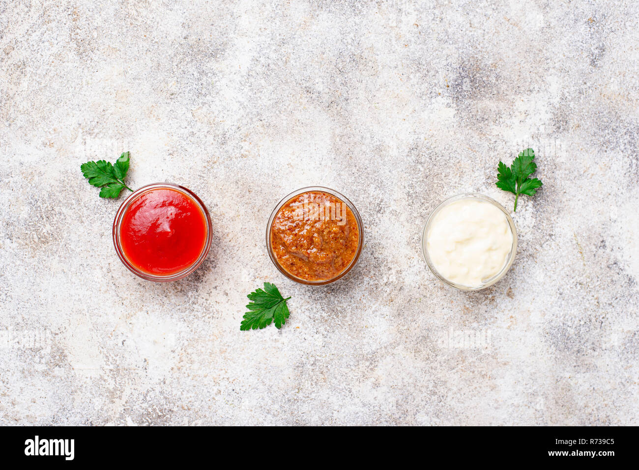 Set of different sauces mustard, ketchup, mayonnaise Stock Photo Alamy