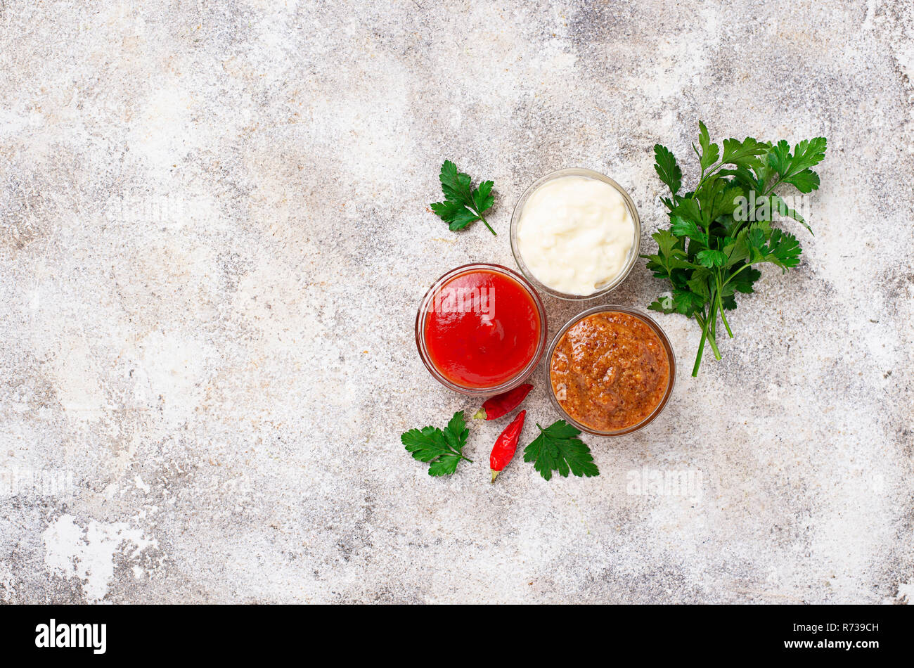 Set of different sauces mustard, ketchup, mayonnaise Stock Photo Alamy
