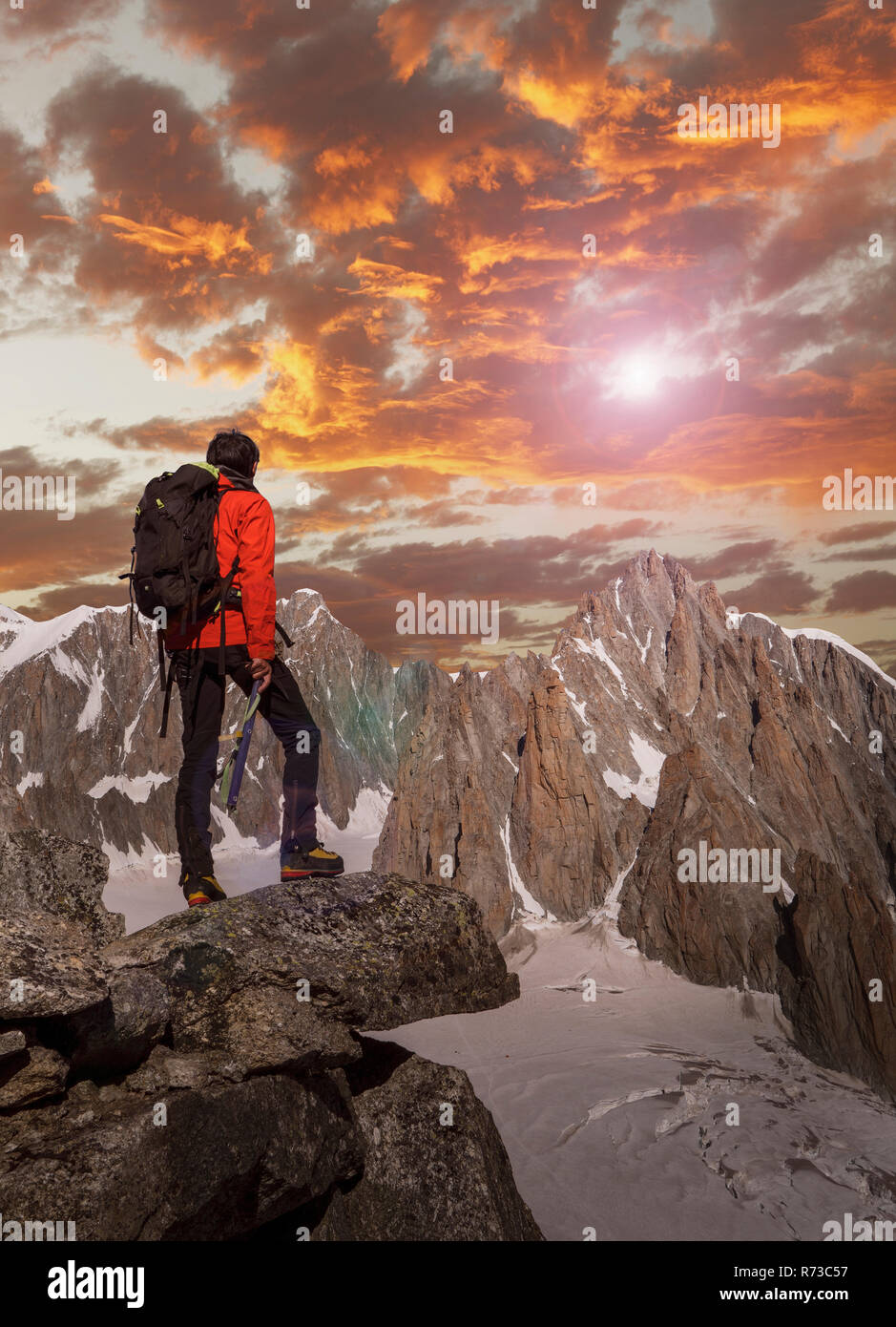 Hiker enjoying scenery, Chamonix-Mont-Blanc, Rhone-Alpes, France Stock Photo