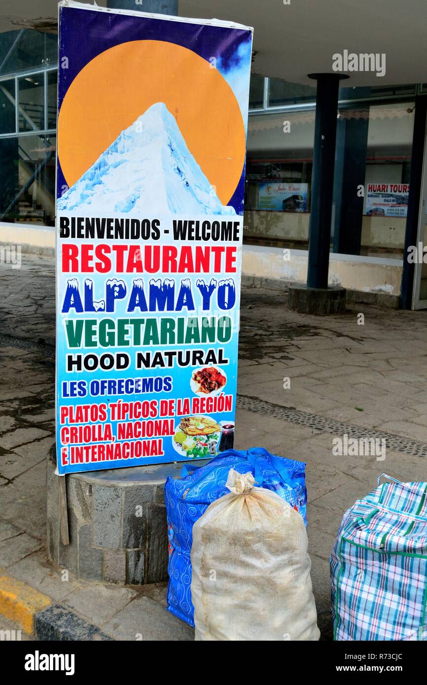 Bus station - Restaurant in CHAVIN de Huantar. Department of Ancash.PERU                     Stock Photo
