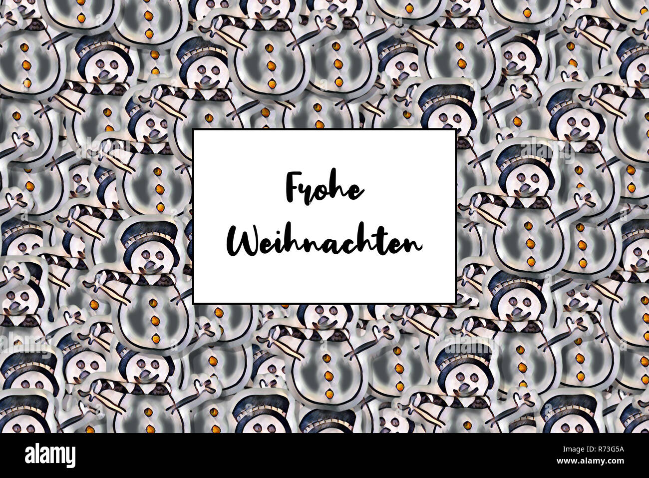 Frohe Weihnachten card (Merry Christmas in german) with snow man as a background Stock Photo