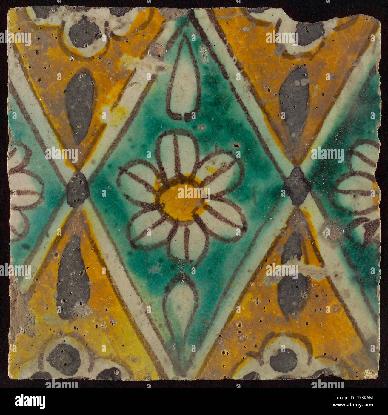 Floor tile, brown draft, green and yellow on white ground, central