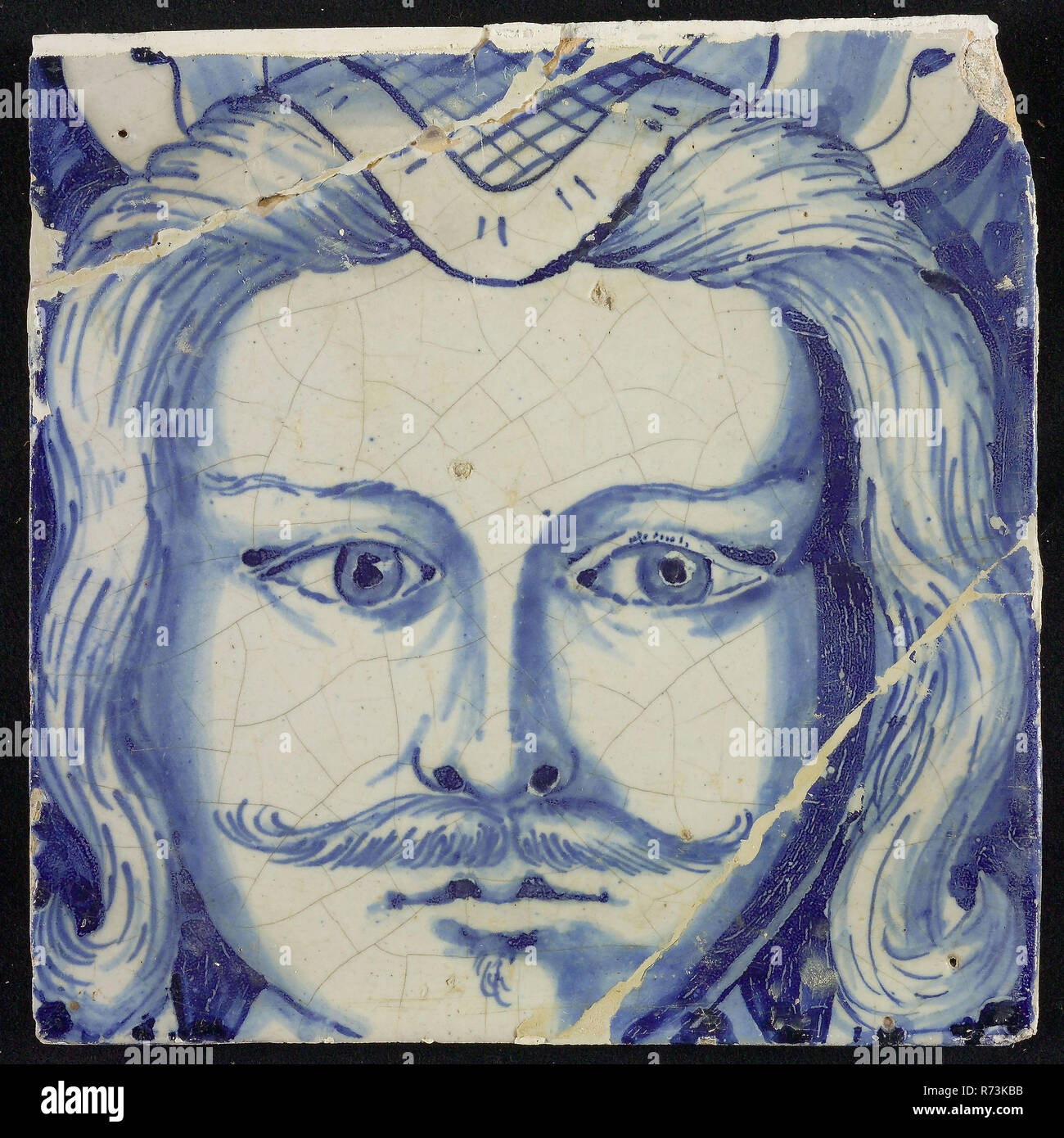 Tile Of Chimney Pilaster Blue On White Head Of Man With Long