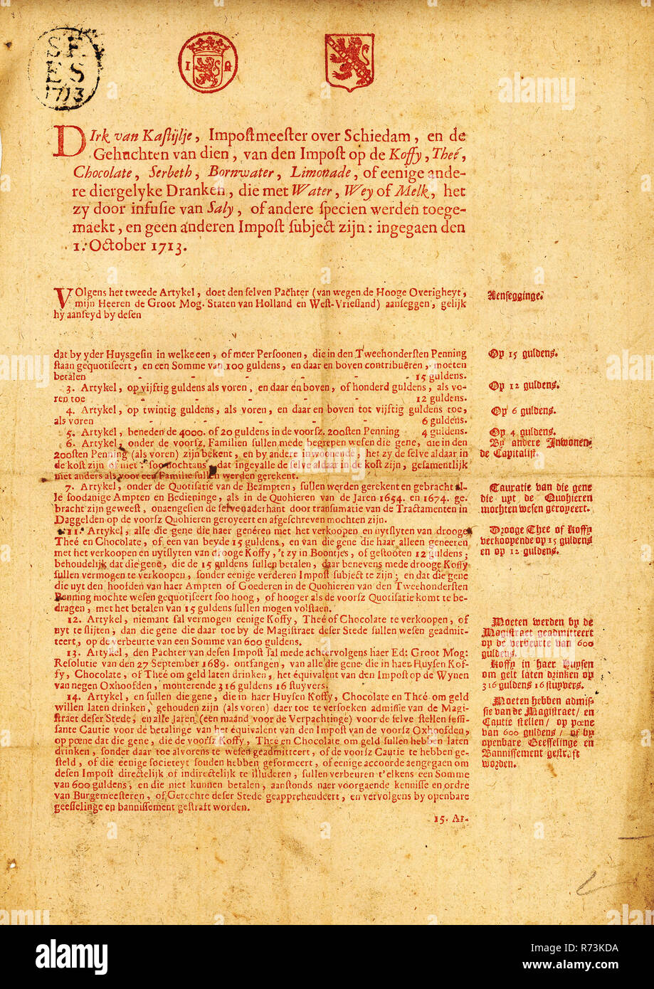 Tax bill with 20 articles in which the attacks for selling coffee, tea, chocolate and other drinks are mentioned, tax bill note document information form paper, printed Single sheet. Contains 20 articles tax-bill-with-20-articles-in-which-the-attacks-for-selling-coffee-tea-chocolate-and-other-drinks-are-mentioned-tax-bill-note-document-information-form-paper-printed-single-sheet-contains-20-articles