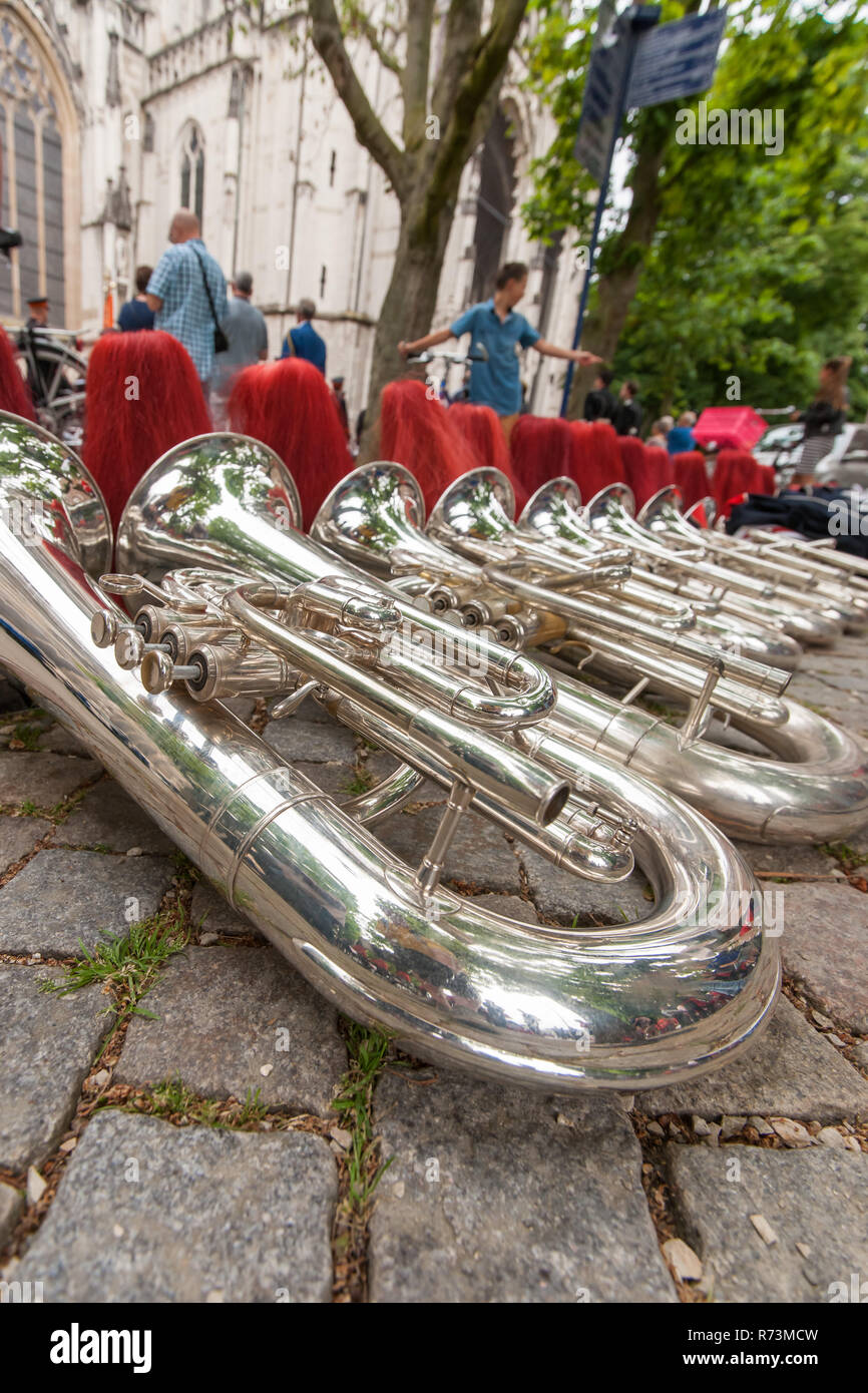 Details from a music, show and marching band. Composition of helmets