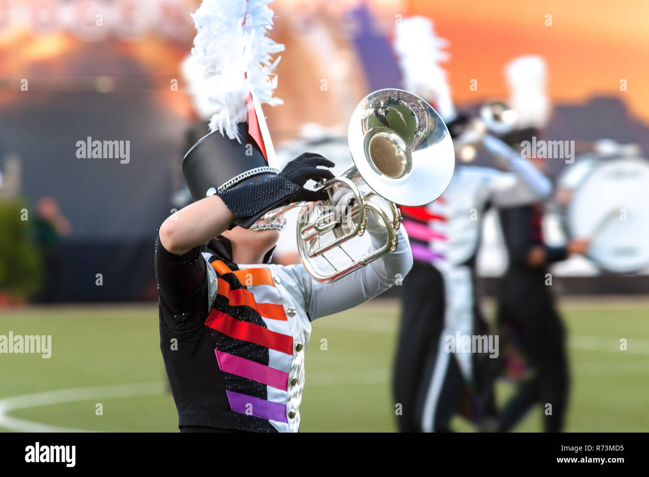 Details from a music, show and marching band. Playing musicians wind