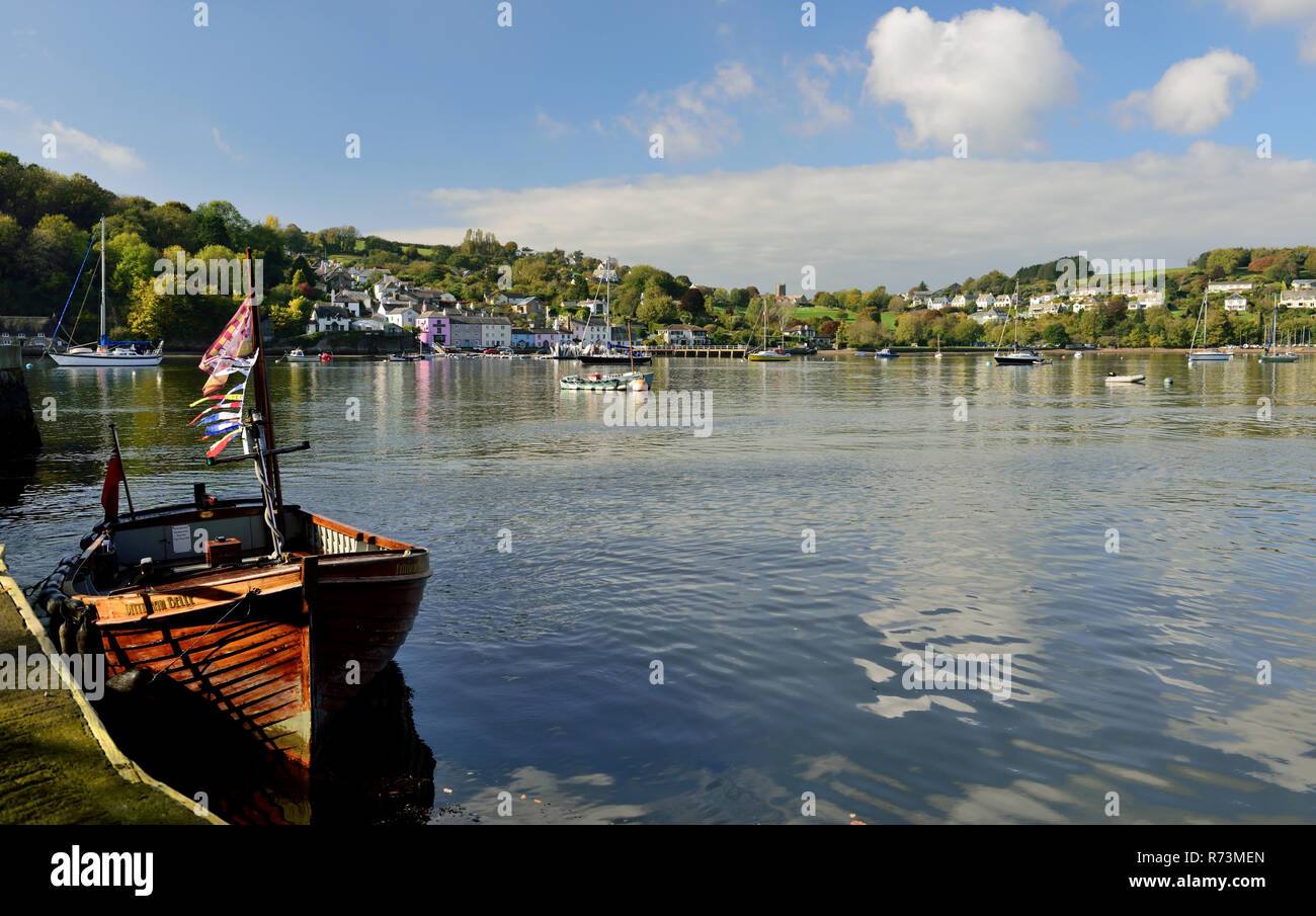 The Dittisham ferry boat moored at Greenway quay on the river Dart