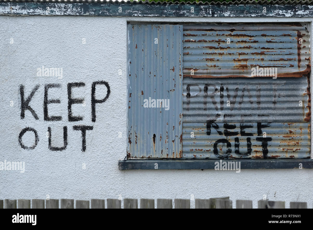 A keep out sign on a closed building in Cornwall, UK Stock Photo