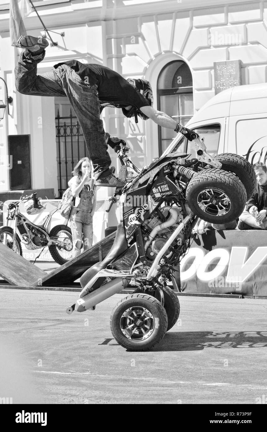 Saint-Petersburg.Russia.may.26.2018. Manege square.motorcycle festival .The rider on the ATV shows risky stunts.The driver has a high level of trainin Stock Photo