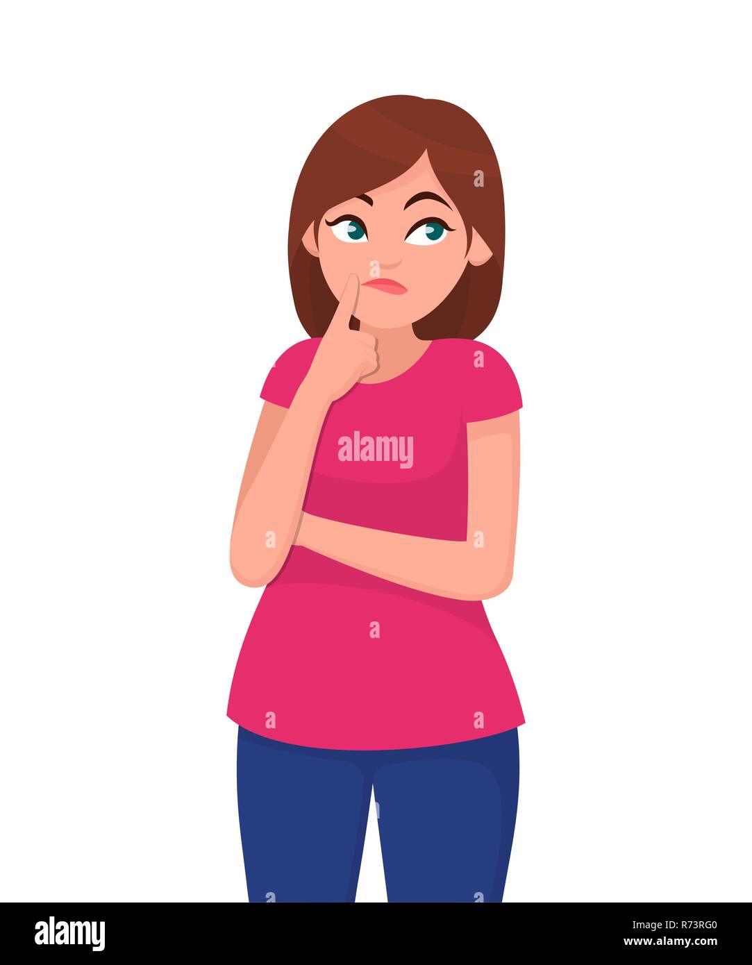 Young woman thinking holding finger on face and looking upwards. The concept of perception and reflection. Vector illustration in cartoon style. Stock Vector