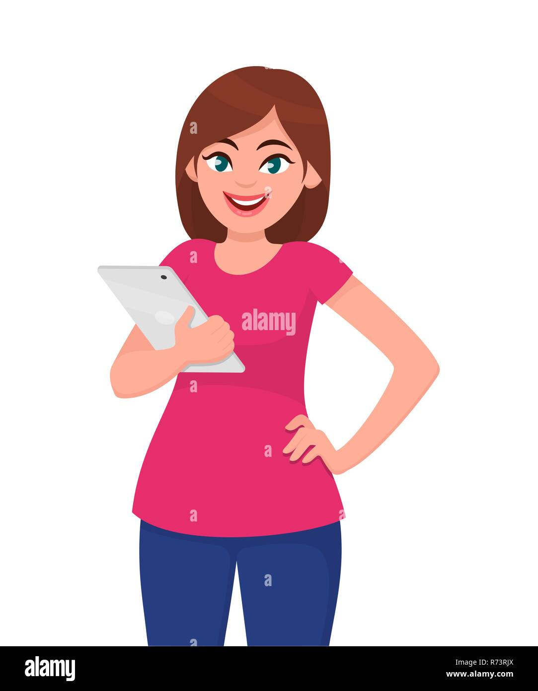 Young woman showing/holding blank tab or tablet computer. Modern technology lifestyle concept illustration in vector cartoon style. Stock Vector
