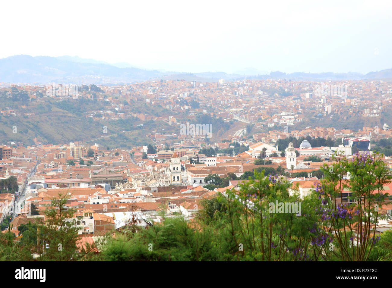 Aerial view of of Sucre, Bolivia with mountains visible in the background. City view. Stock Photo