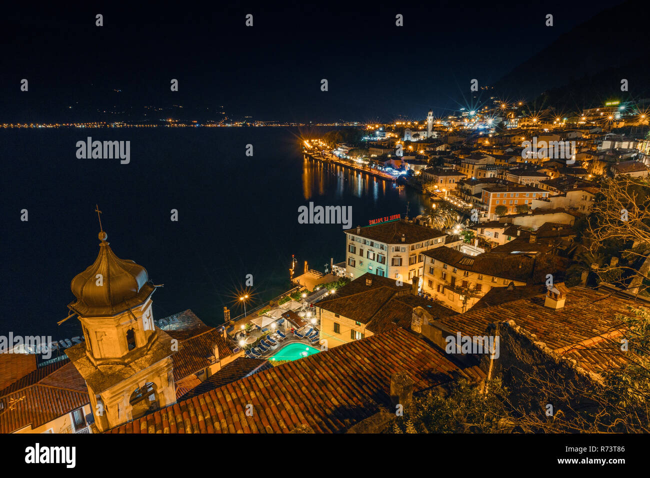 Popular travel destination, Limone on lake Garda at night, Brescia, Lombardy, Italy Stock Photo