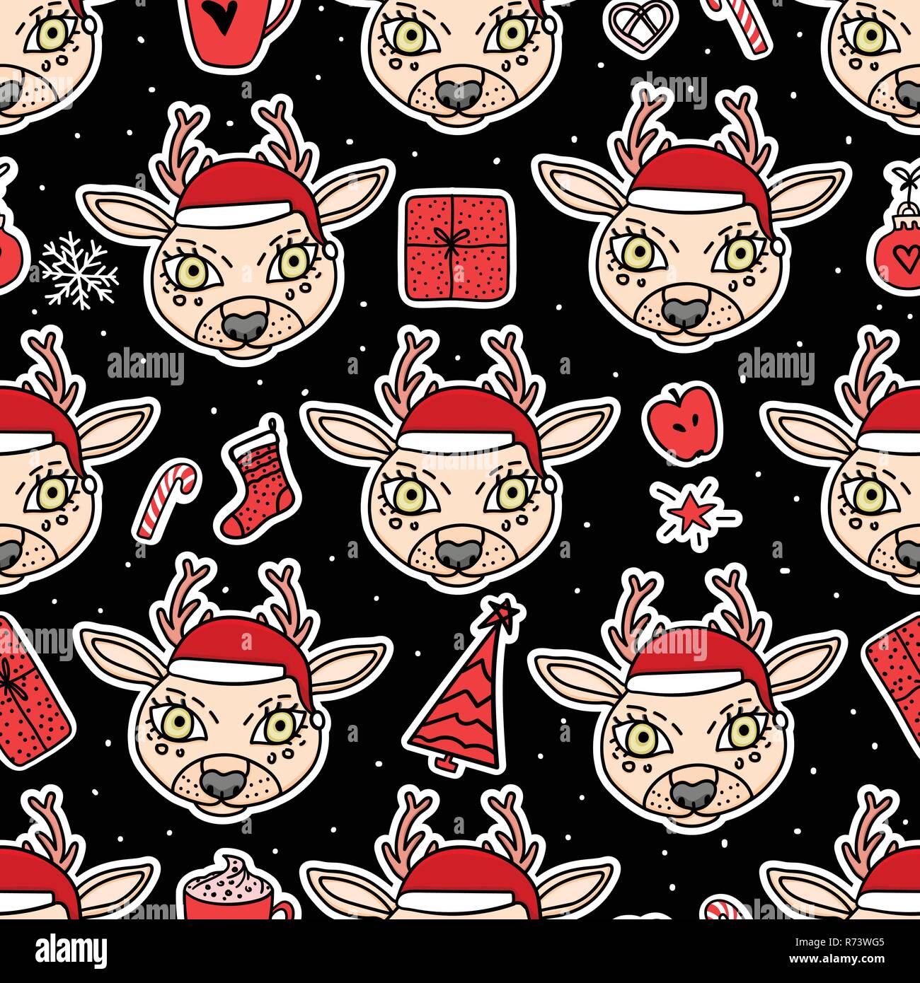 Deer Heads in hat hand drawn. Vector new year seamless pattern. Christmas holidays design. Stock Vector