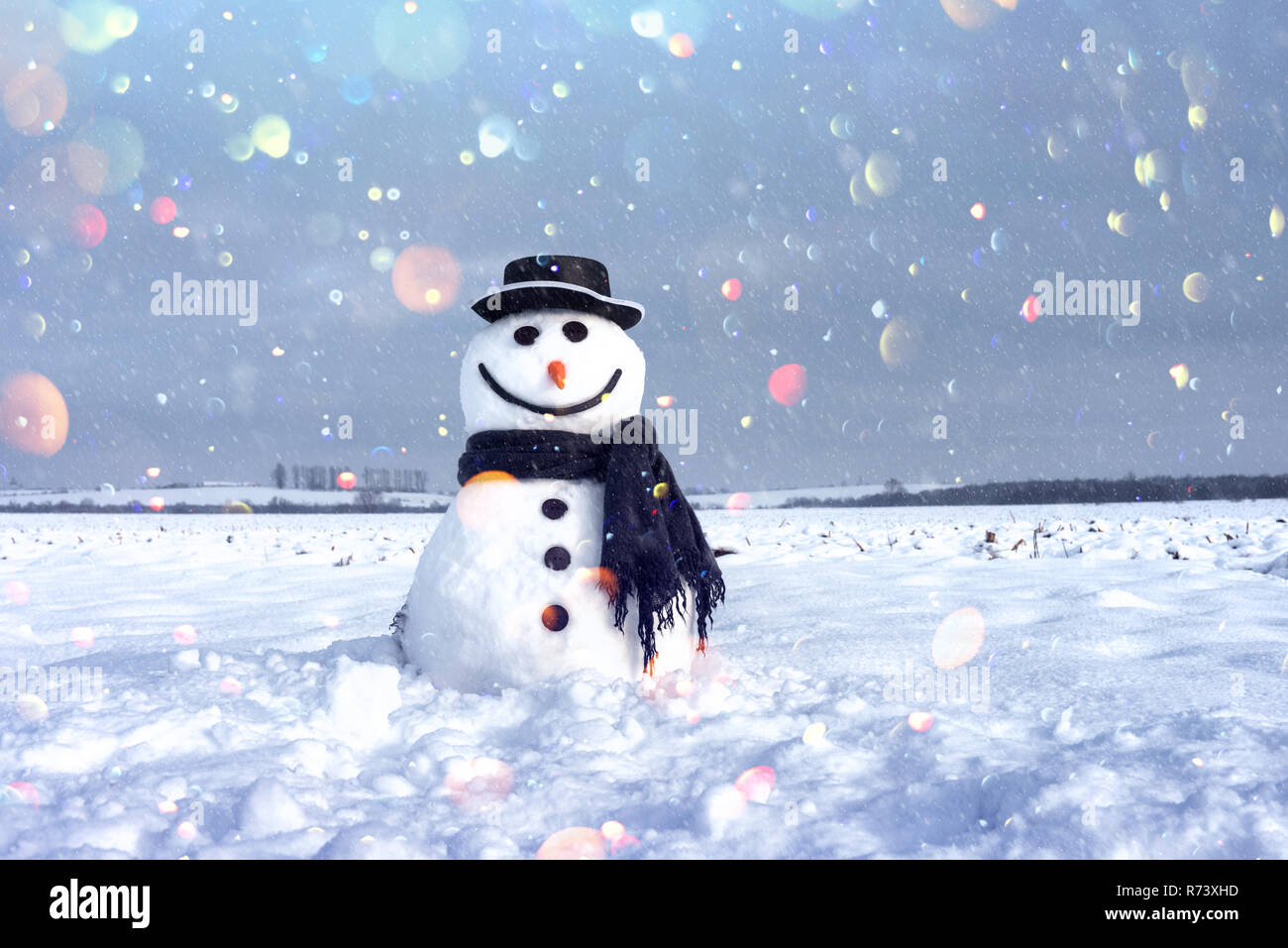 Funny snowman in stylish hat and black scalf on snowy field. DOF bokeh light postprocessing effect. Christmas holiday collage Stock Photo