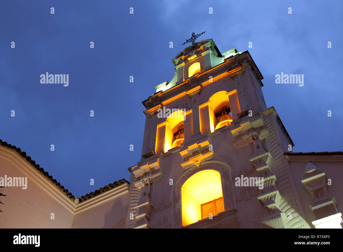 San Miguel temple at night in Sucre Bolivia. Bolivia capital city religious temple Stock Photo