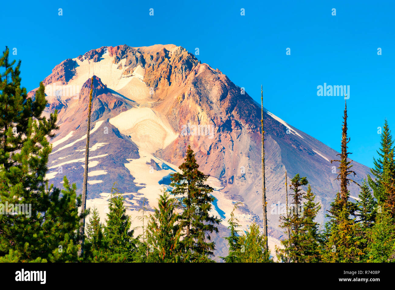 Mt. Hood shows it's structure during late summer the treeline in the