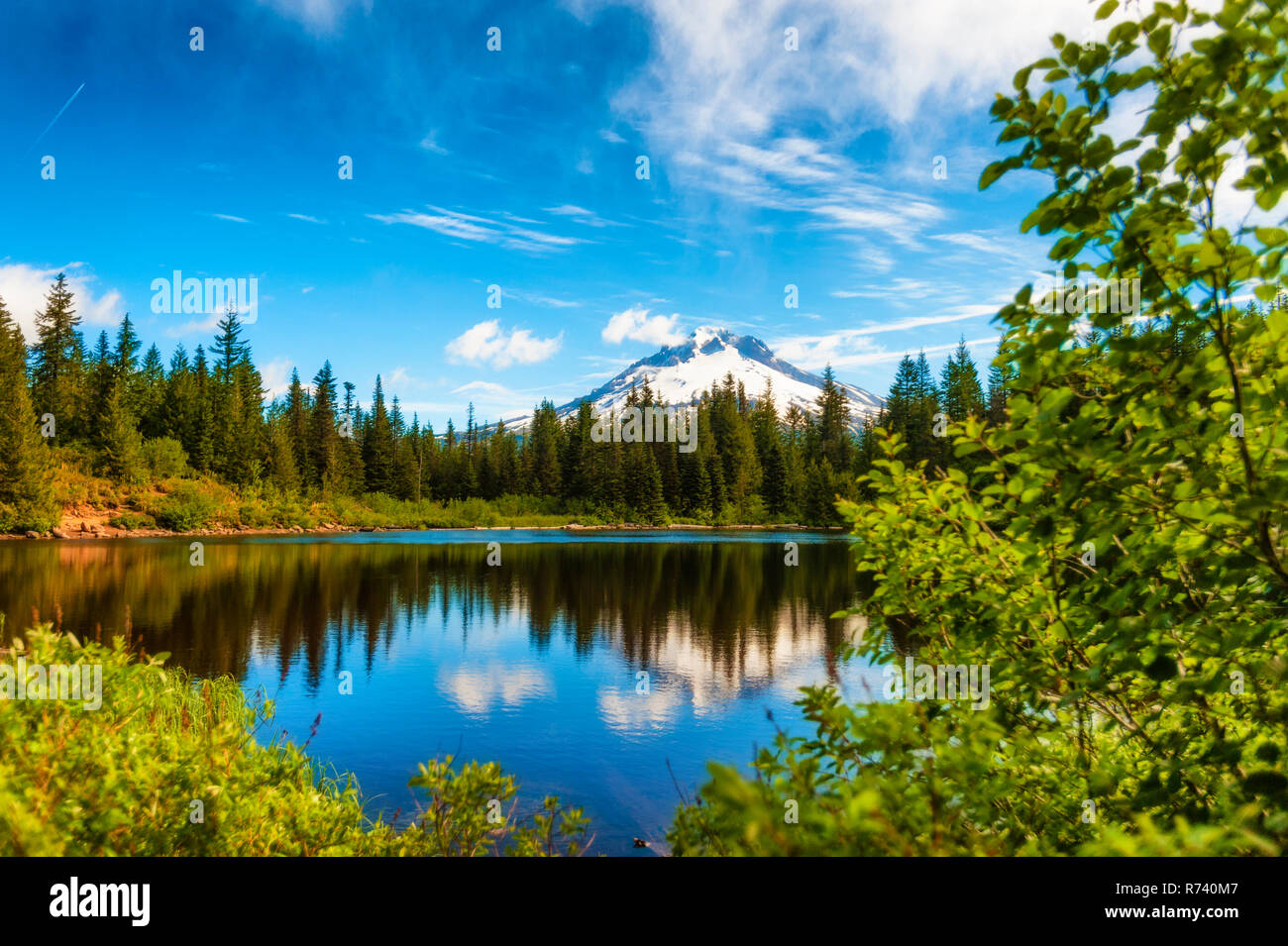 Mt. Hood Reflecting in Mirror Lake in Mt. Hood National Forest Stock
