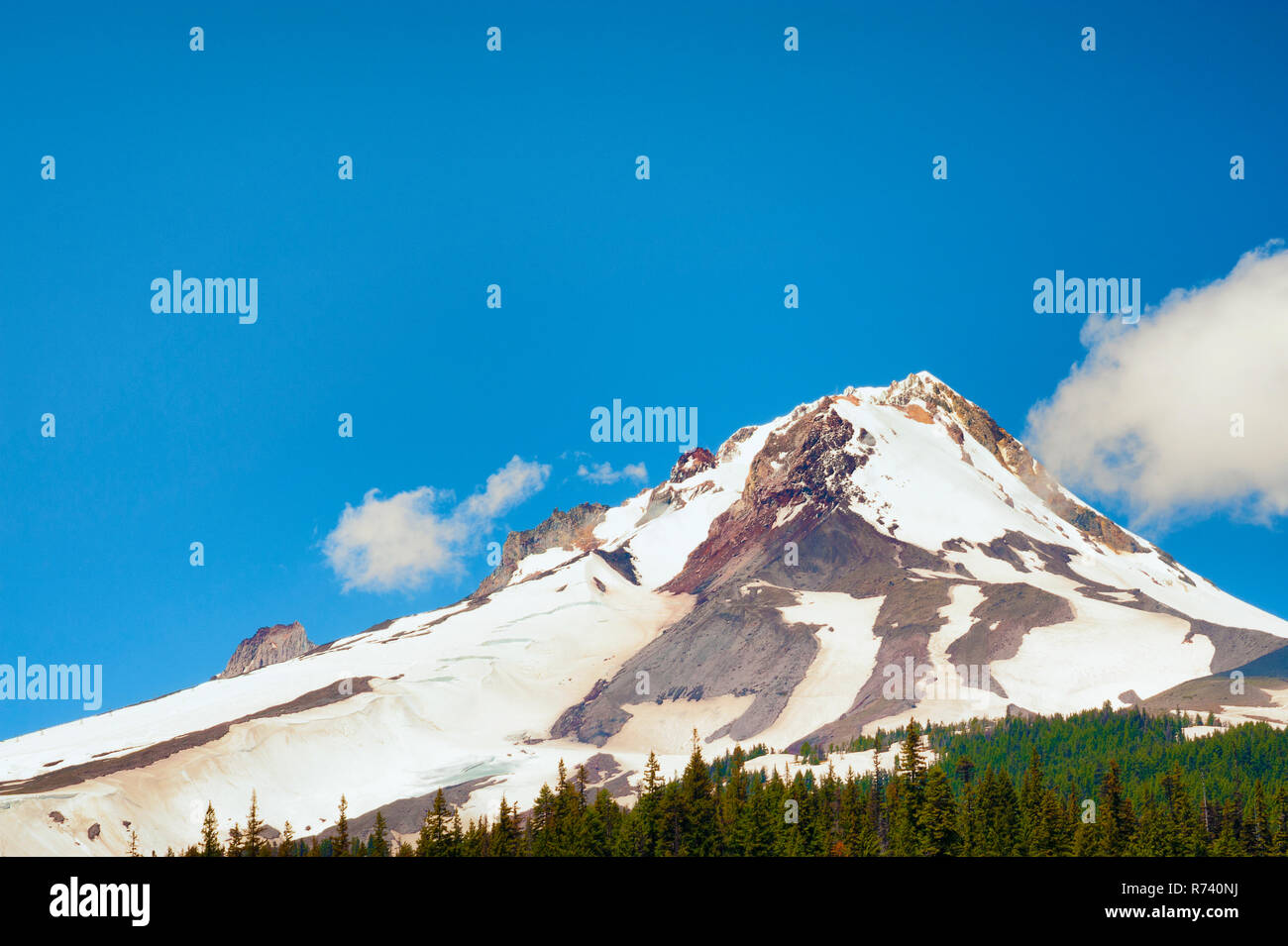 Mount Hood a volcano peak in Oregon's Cascade Mountain Range sit above the timberline of Mt. Hood National Forest. Stock Photo