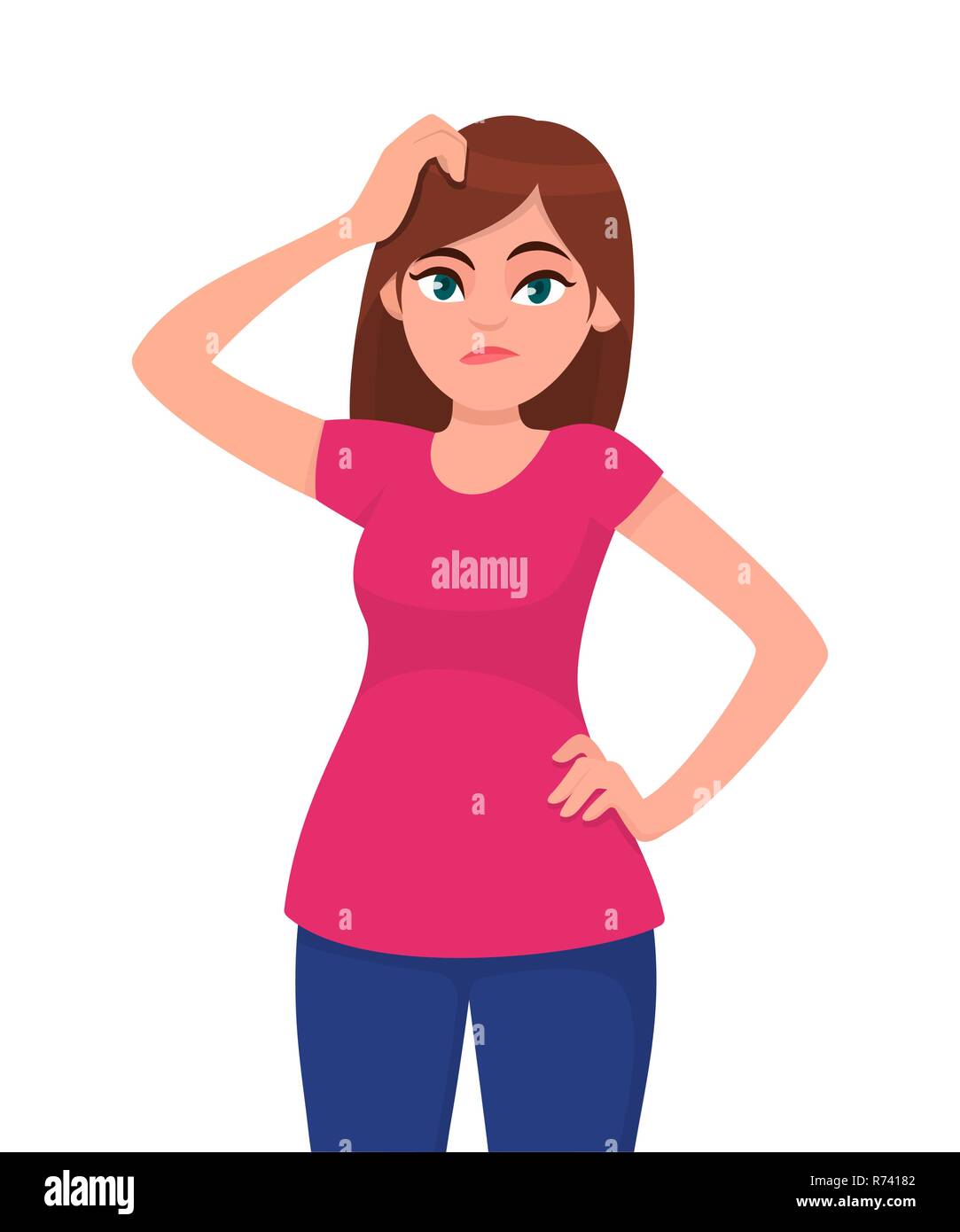 Young woman scratching her head.  Puzzled girl scraping hair, feeling doubt or hesitating.  Question and doubt concept, human expression and body lang Stock Vector
