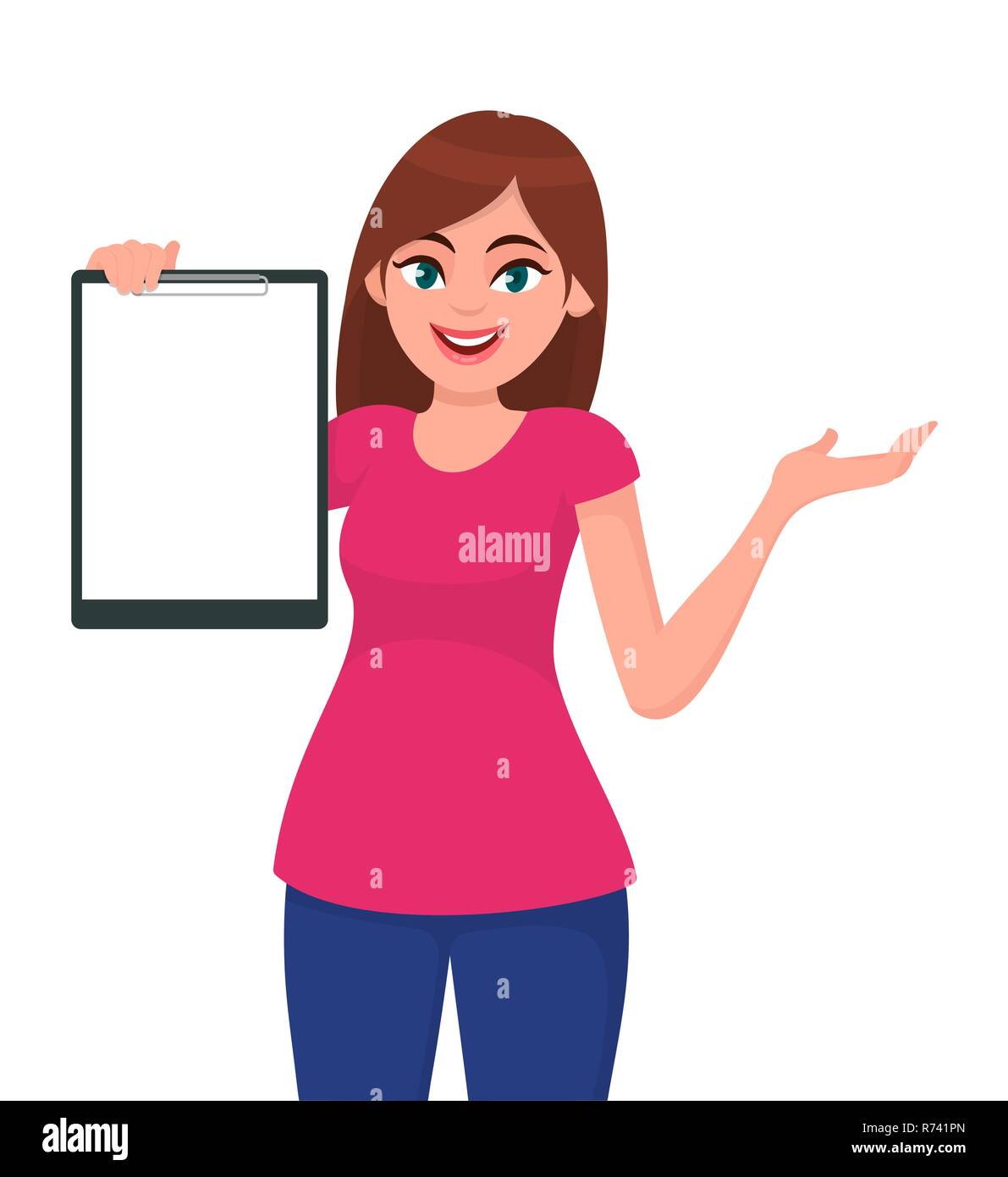 Happy smiling beautiful young woman  holding / showing a blank clipboard and pointing towards, while standing against white background. Human gesture  Stock Vector