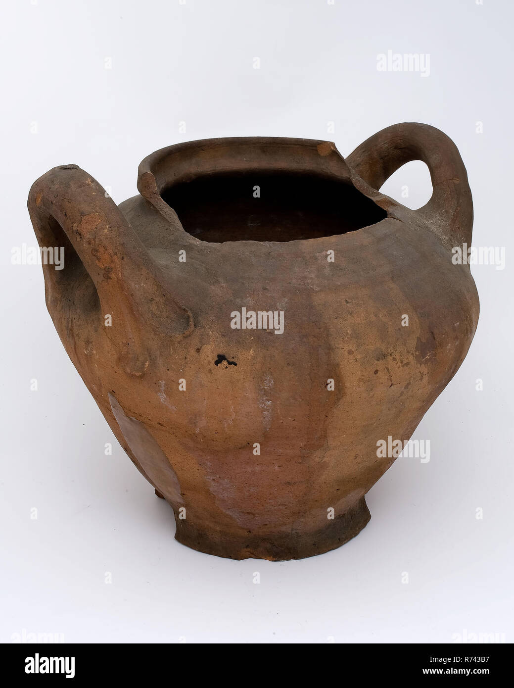 Pottery Cover On Stand With Two Lying High Ears Unglazed Aspot
