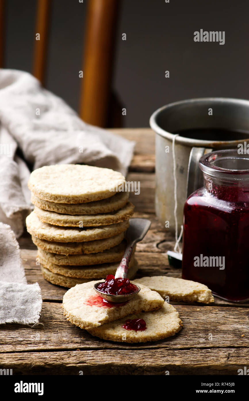 Scottish Oatcakes with cowbweey jam .style rustic.selective focus Stock