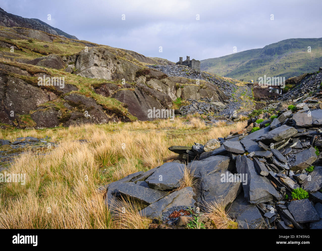 Disused slate mine workings at Blaenau Ffestiniog in the mountains of Snowdonia, North Wales. Stock Photo