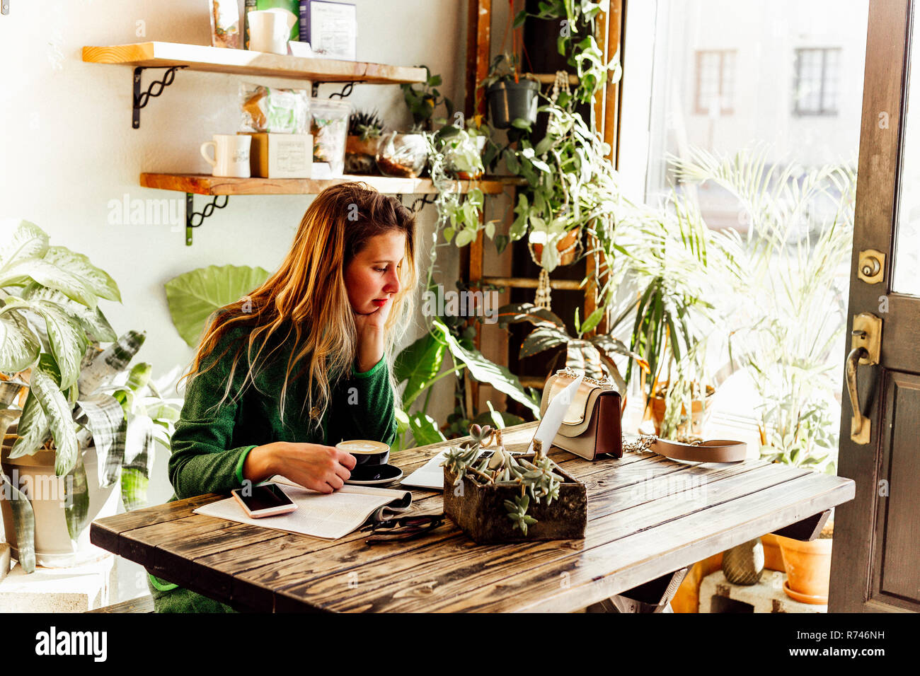 Young woman using laptop in cafe Stock Photo