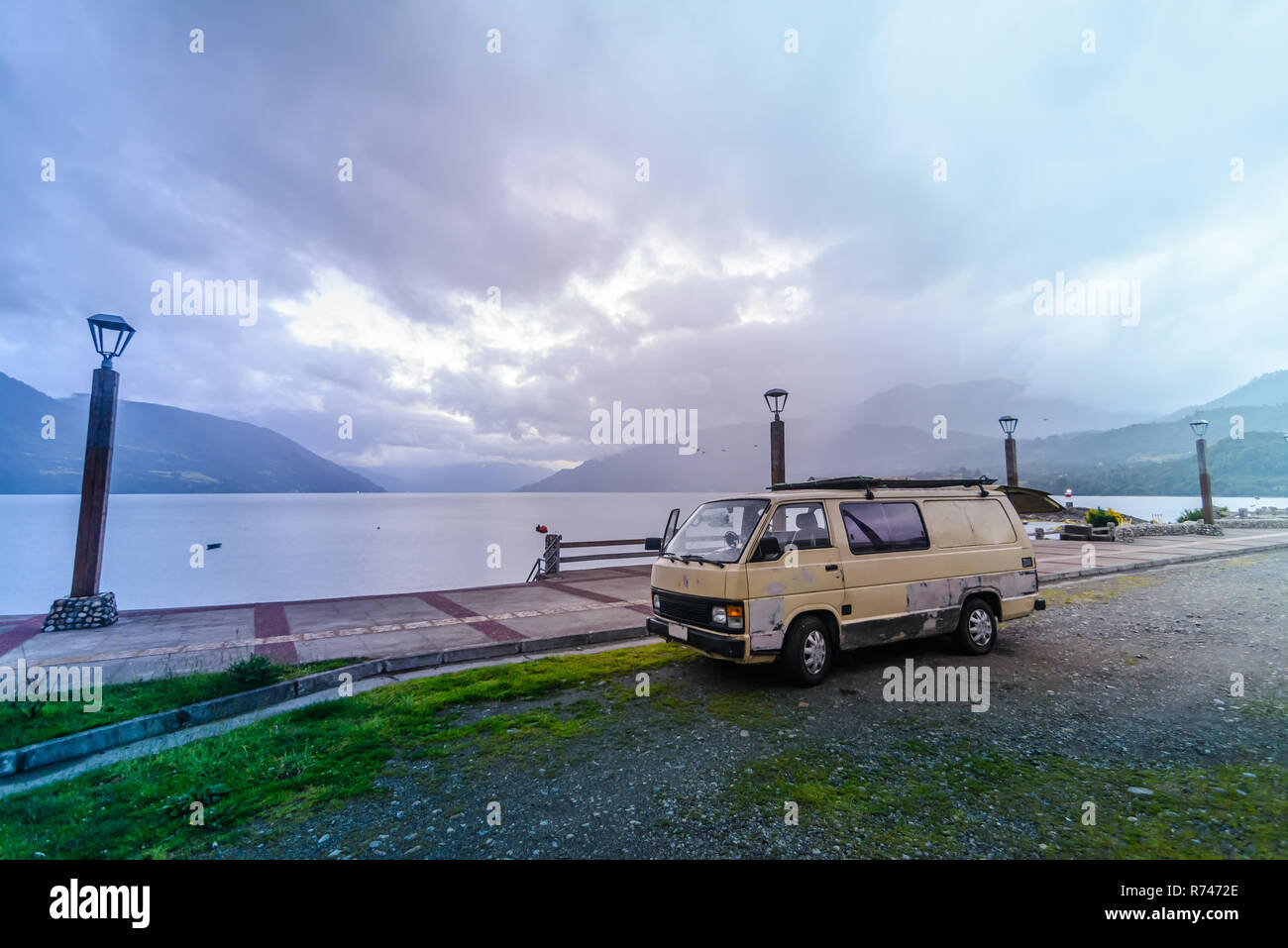 Camper van by sea, Chile Stock Photo