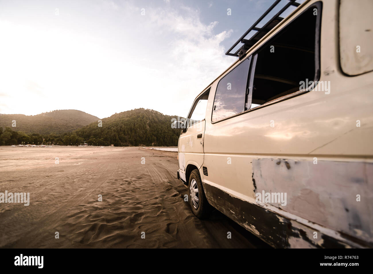 Camper van on beach, Chile Stock Photo