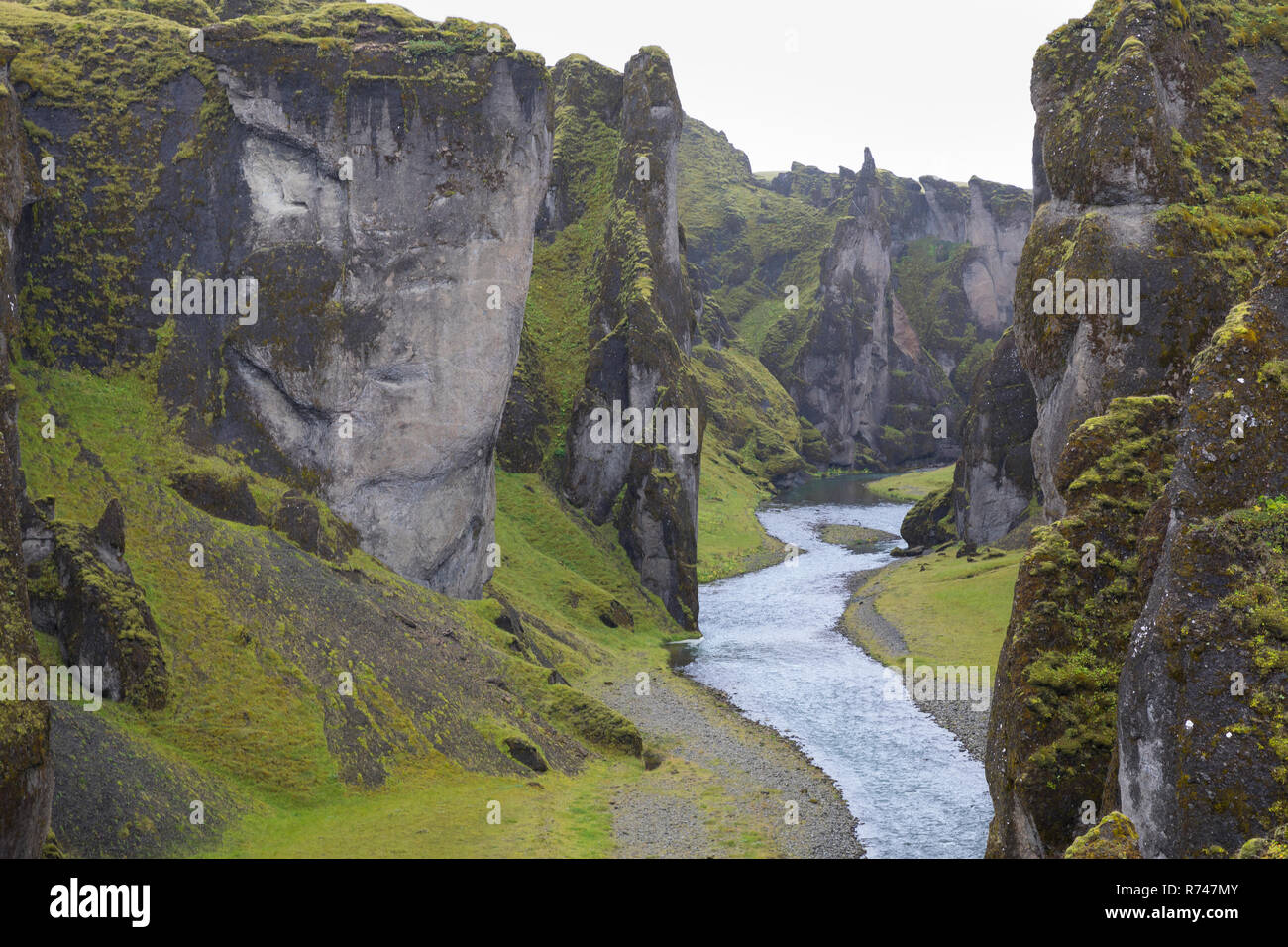 Fjaðrárgljúfur-Schlucht, Fjathrargljufur-Schlucht, Schlucht, Canyon im Süden von Island, durch die Schlucht fließt der namensgebende Fluss Fjaðrá, can Stock Photo
