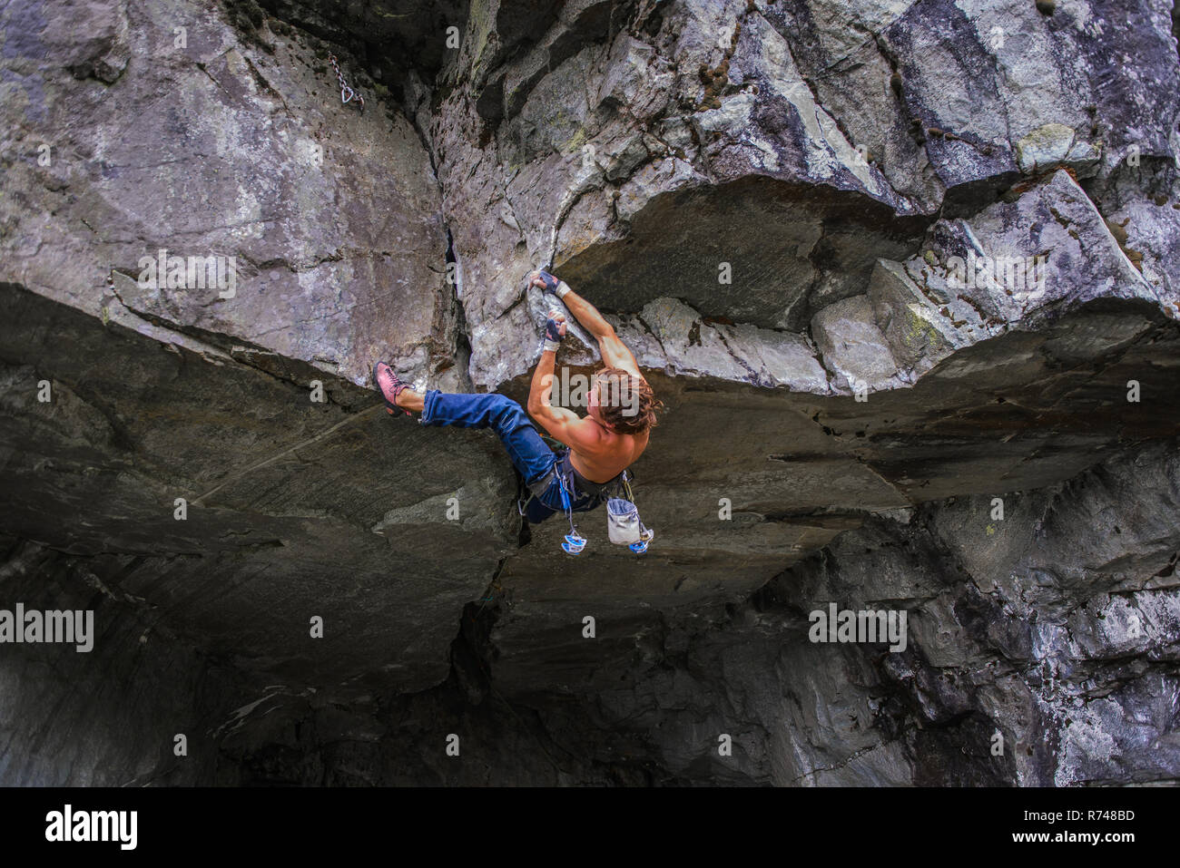 Trad climbing roof of My Little Pony route in Squamish, Canada Stock Photo
