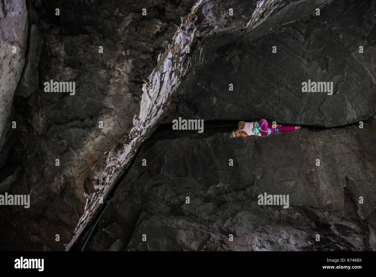 Trad climbing roof of My Little Pony route in Squamish, Canada Stock Photo