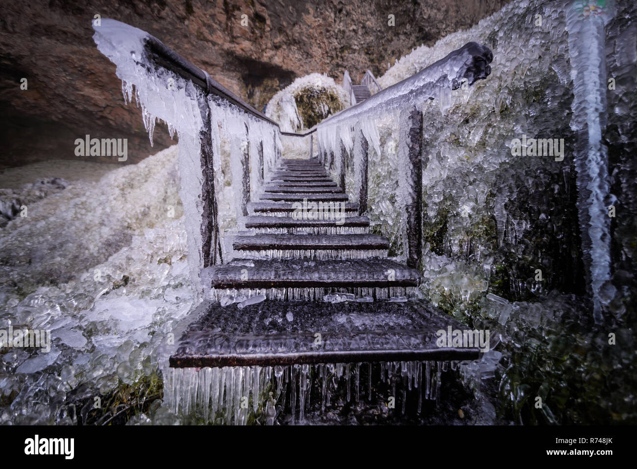 Frozen stairs, Seljalandsfoss, Iceland Stock Photo
