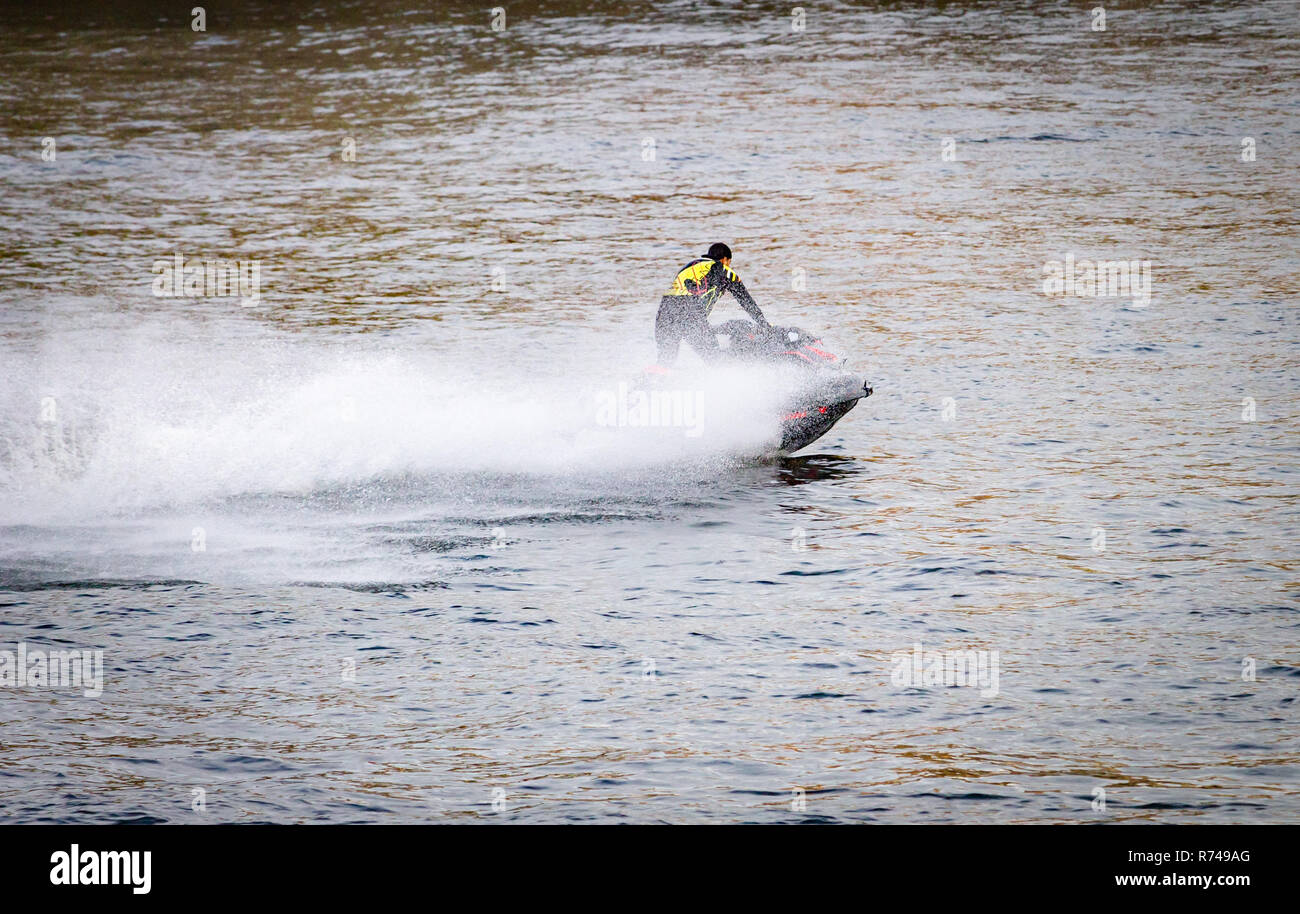 A speedboat with one male rider, speeds along the river. Rear view. Stock Photo