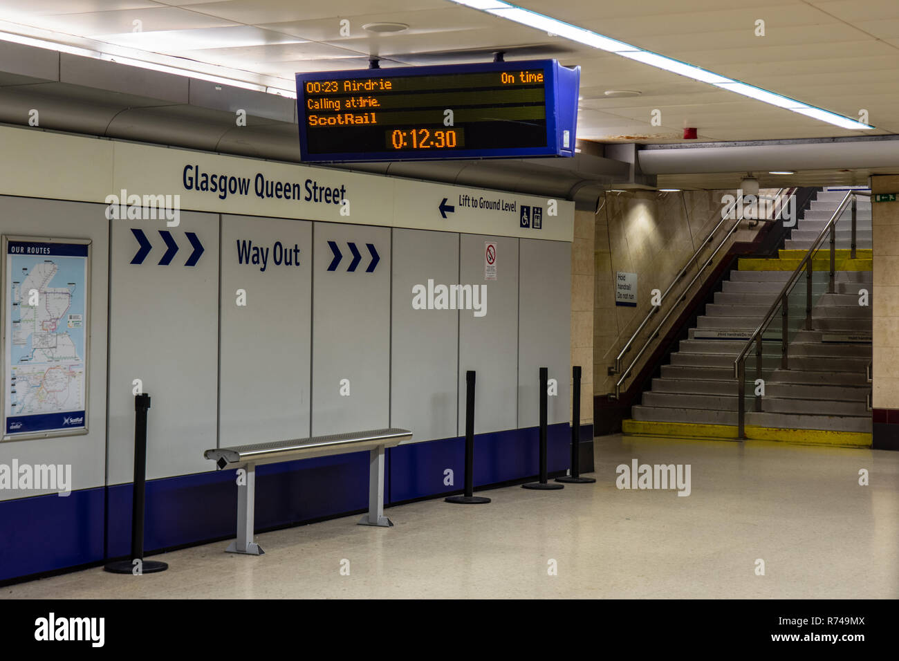 Glasgow, Scotland, UK - May 17, 2016: A platform display passenger information system indicates the next train to call at Glasgow Queen Street railway Stock Photo