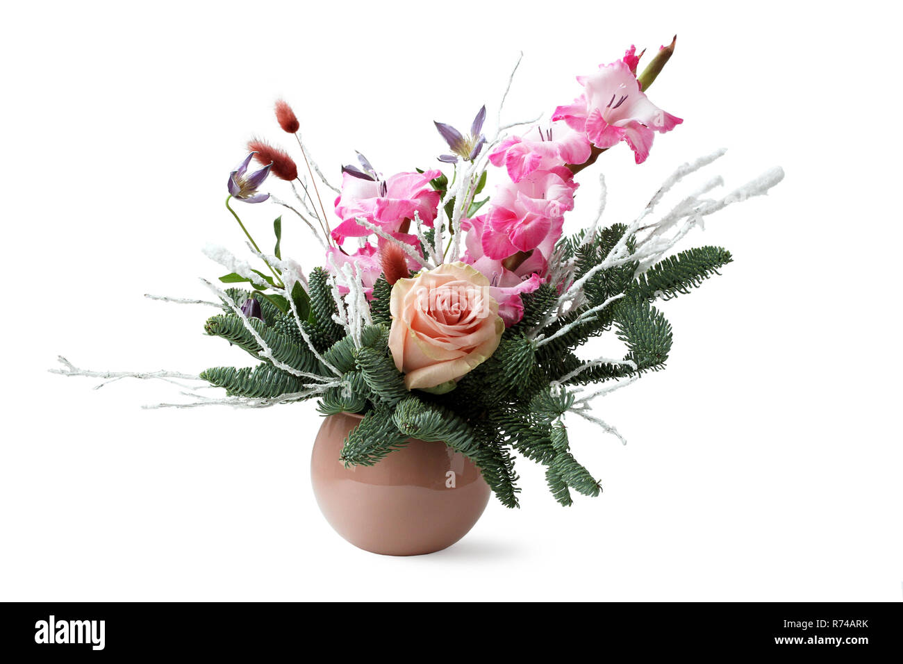 Winter Composition In A Brown Pot Spruce Branches Pink Gladiolus Cream Rose Dried Flower Spikelets And Twigs Covered With Artificial Snow Stock Photo Alamy
