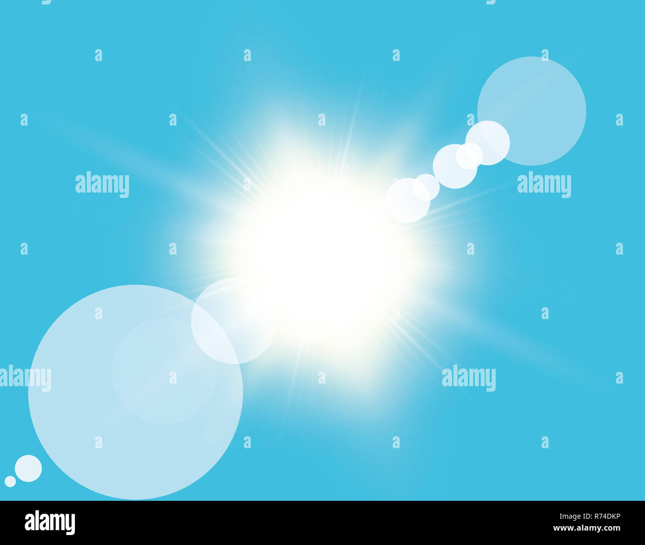 Abstract bright shining sun with lens flare in a blue sky. Vector ...