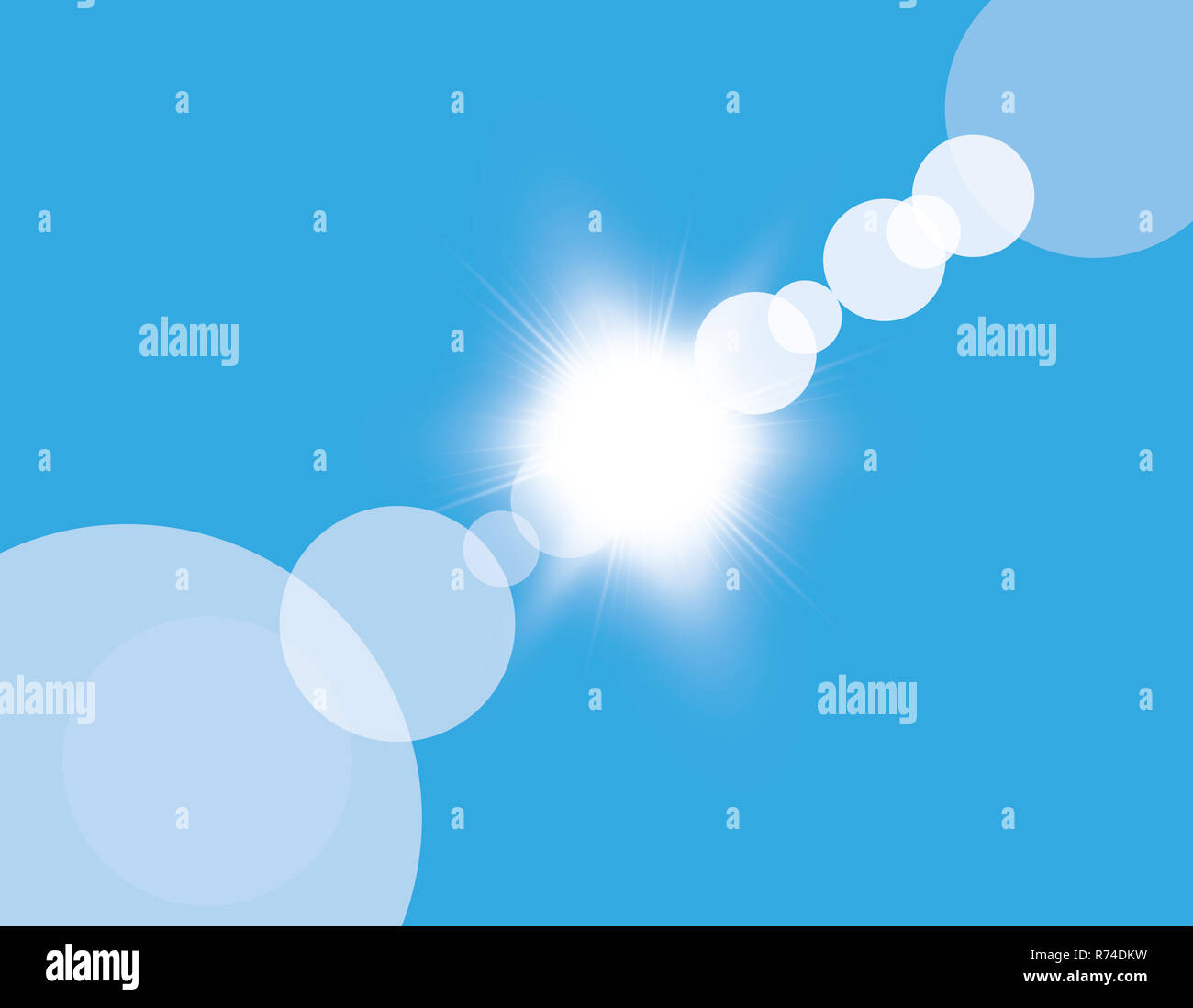 Abstract bright shining sun with lens flare in a blue sky. Vector ...