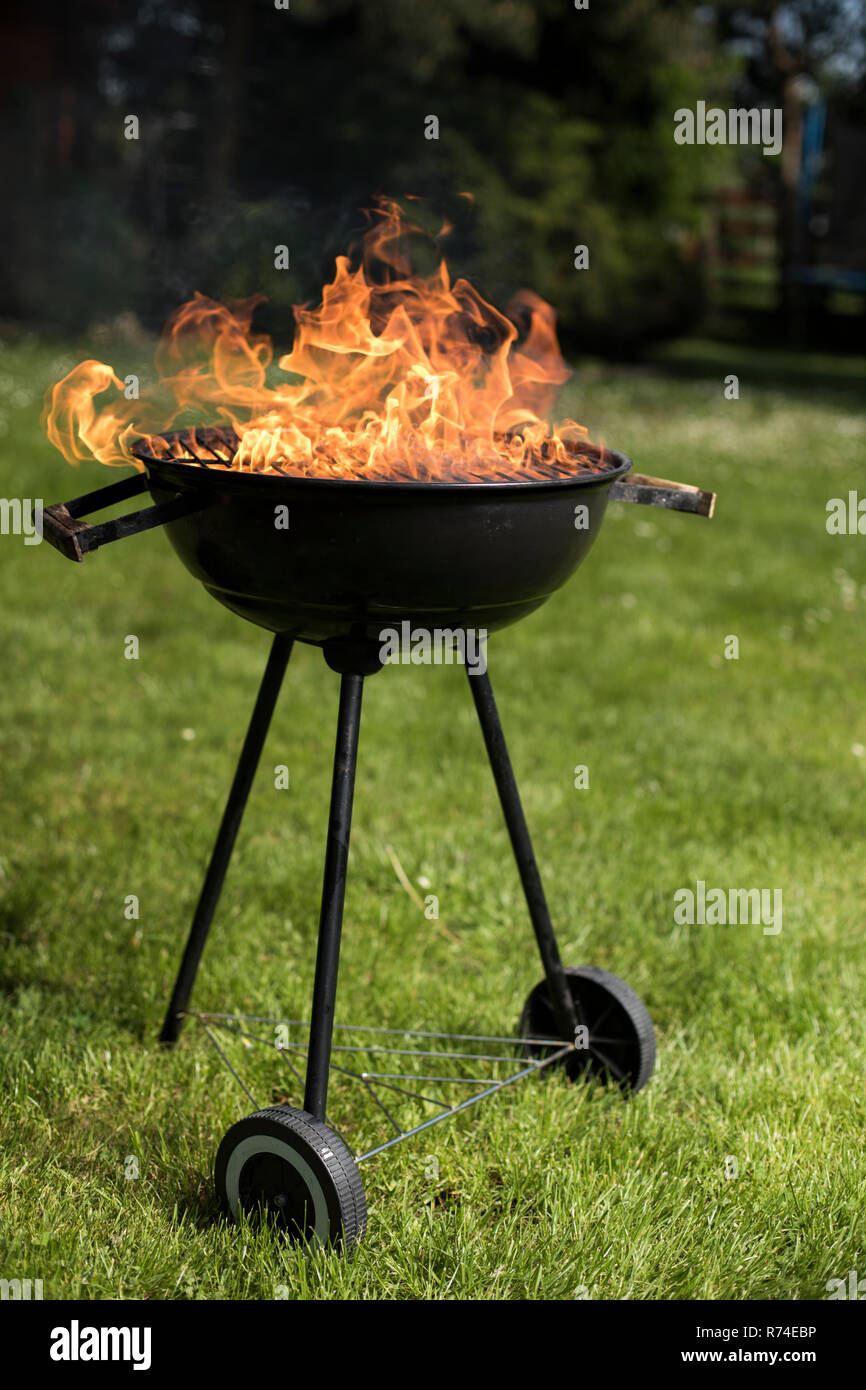 Barbecue grill with fire on nature, outdoor, close up Stock Photo - Alamy