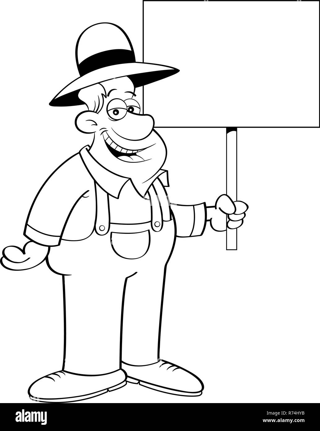 Black and white illustration of a farmer holding a sign. Stock Photo