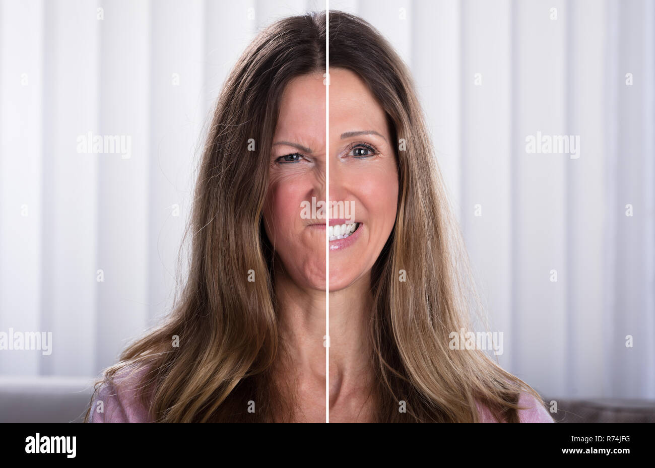 Woman's Split Face With Happy And Sad Emotion Stock Photo